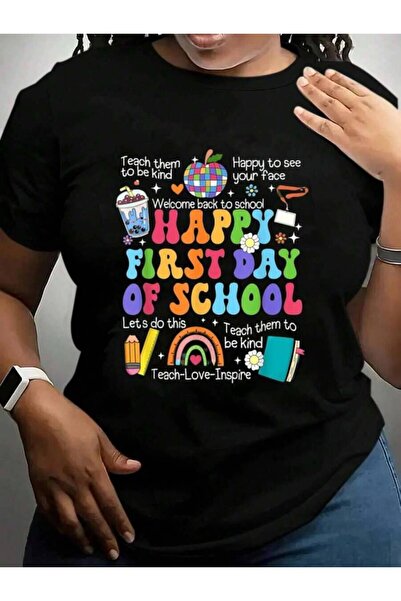 9JY Happy First Day Of Teacher Life Women Back To School Black Graphic T Shir...