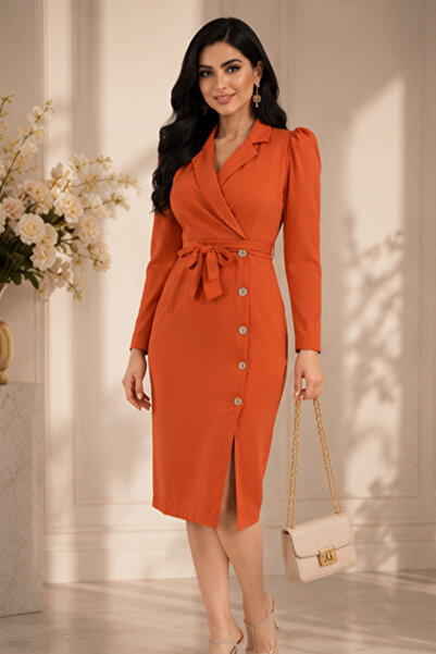 Stylish Fashion فستان من ستايلش فاشن تركي أنيق باللون الطوبي بياقة رسمية وأزر...