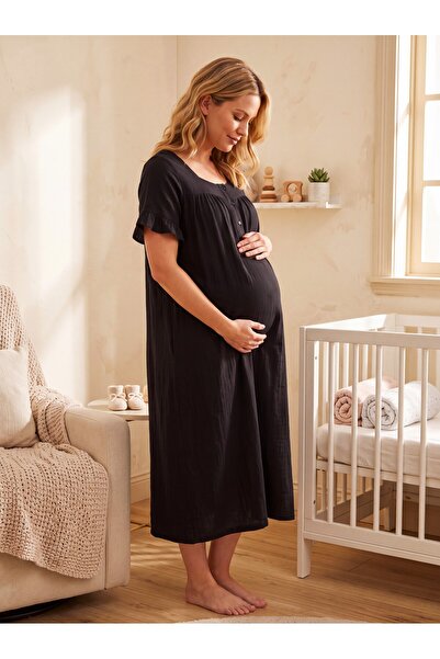 Lohusa Homewear New Season Black Muslin Fabric Design with Easy Breastfeeding...