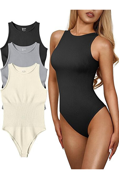 OEM Set de 3 body-uri striate pentru femei OQQ, fără mâneci, închidere cu cap...