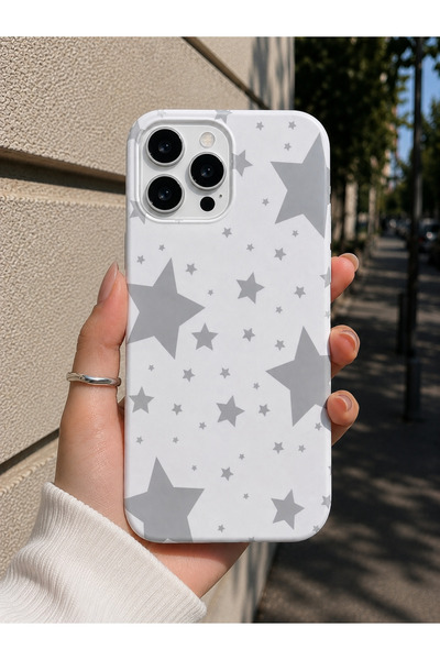 OVADA İPhone 15 Pro Max Uyumlu Beyaz Yıldız Desenli Kadife Soft Telefon Kılıfı