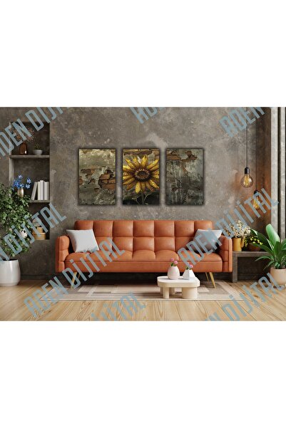 Aden SET DECORATIV DIGITAL DE 3 PIESE TABLURI PE PÂNZĂ CU FLORI GALBENE