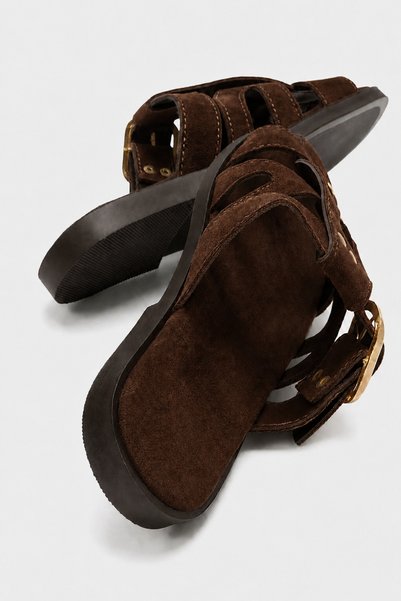 Tk Black Women's Suede Gold Buckle Detailed Cage Closed Toe Bohemian Slippers