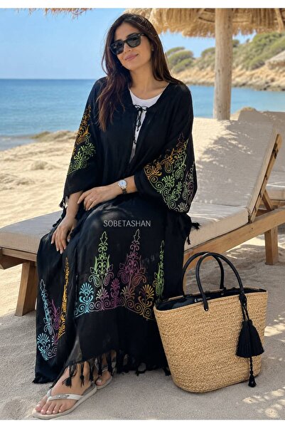 Sobe Hediyelik Black Ethnic Patterned Loose Kimono Kaftan - Standard Size