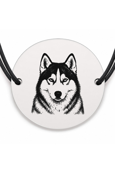 Simoshop Brățară argint 925 cu bănuț gravat portret de Husky Siberian, șnur n...