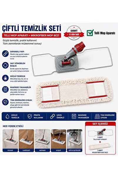 Ceyhanlar 60 cm Telli Mop Temizlik Seti 360° Döner Başlıklı Telli Mop Aparatı...
