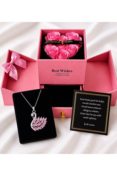 Aroma Hediye Pink Stone Swan Steel Women's Necklace with Openable Pink Roses ...