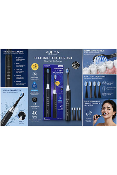 auhma Beyaz Şarjlı Elektrikli Diş Fırçası 5 Modlu IPX7 Su Geçirmez 4 Yedek Ba...