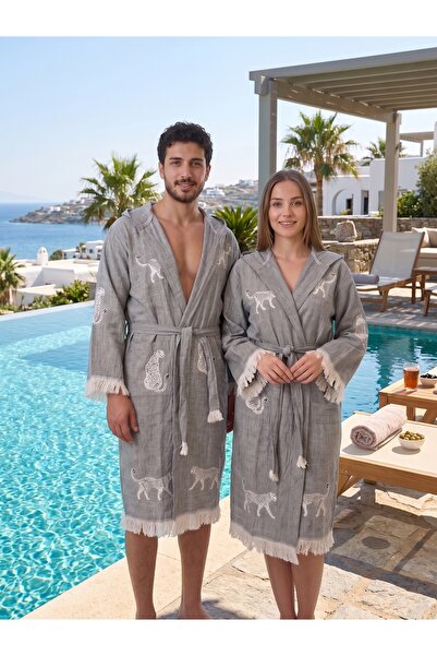 nf neofabric Unisex-AHŞAP BASKILI-LEOPAR DESEN-BANYO\PLAJ MÜSLİN KUMAŞ BORNOZ...