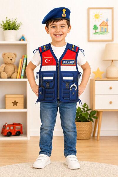 GREATOY Çocuk Jandarma Kostümü 2 Parça Karton Yelek ve Şapka Seti – İpli Bağl...