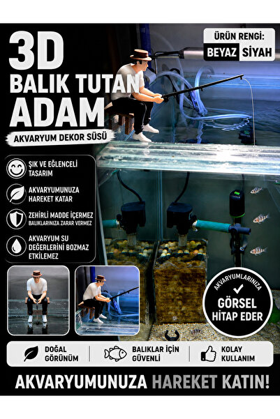 🎣 3D Balık Tutan Adam – Akvaryum Dekor Süsü (Beyaz/Siyah Renk)