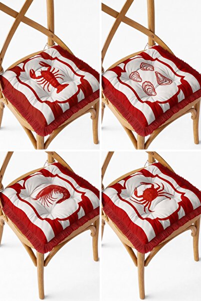 IdeCraft Red Lobster and Crab Patterned Fringed Lace-Up 4-Piece Pofidik Chair...