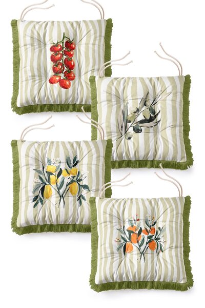 IdeCraft Mediterranean Lemon Olive Tomato Patterned Striped Fringed 4-Piece P...