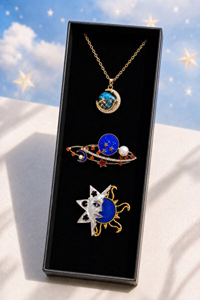 PULİNİN DÜKKANI Sky-Themed Women's Jewelry Set – Moon Star Necklace and 2-Pie...