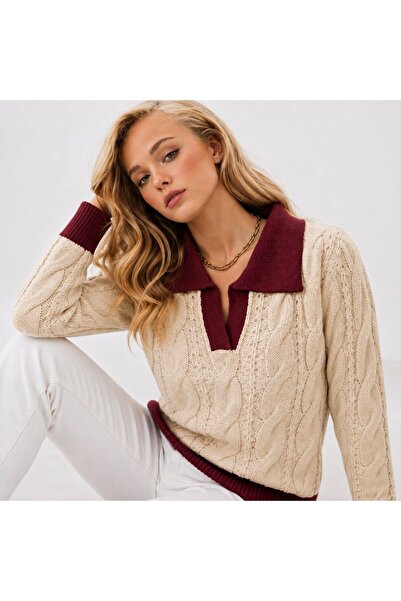 ZERELLE COLLECTİON Women's Ecru Burgundy Polo Collar Hair Knit Sweater