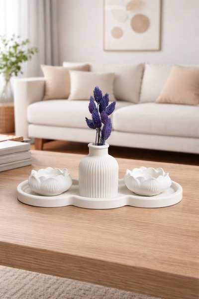 Genel Markalar Alva Home Minimal Beyaz Tepsili Vazo & Mumluk Dekor Seti