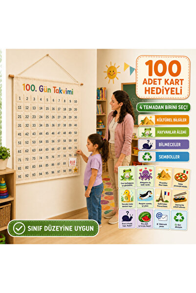 Redbutton 100. Gün Takvimi Kumaş Sınıf Panosu ve Eğitici Kartlar - 4 Tema Seç...