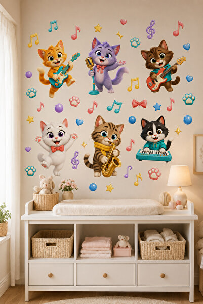 Wesliva Sevimli Müzisyen Kediler Müzik Temalı Çocuk Odası Duvar Sticker Seti,...
