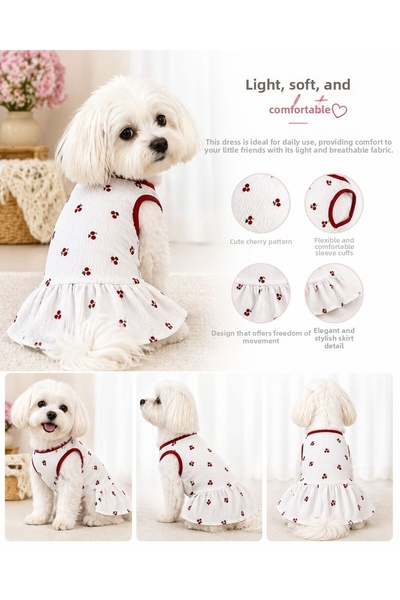 DOGİ&DOG Small Breed White Cherry Detailed Dog Dress Cat Dress Dog Outfit (1-...