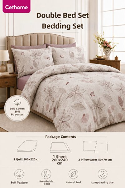 Weweus Çethome Cotton White Leaf Patterned Double Duvet Cover Set