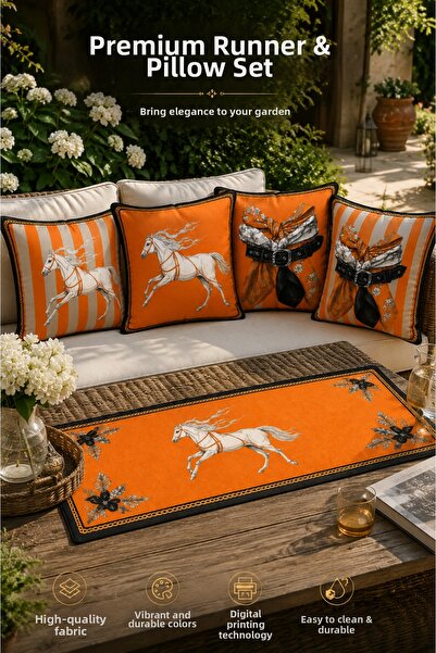 stellahomes Orange Horse Patterned Runner and Throw Pillow Set Digital Printe...