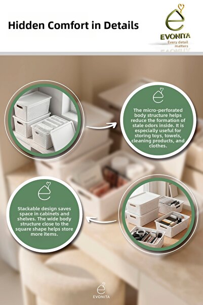 EVONİTA 4-Piece Storage Box with Lid 4 Lt Multi-Purpose Organizer Bathroom Kitchen Cabinet Organizer