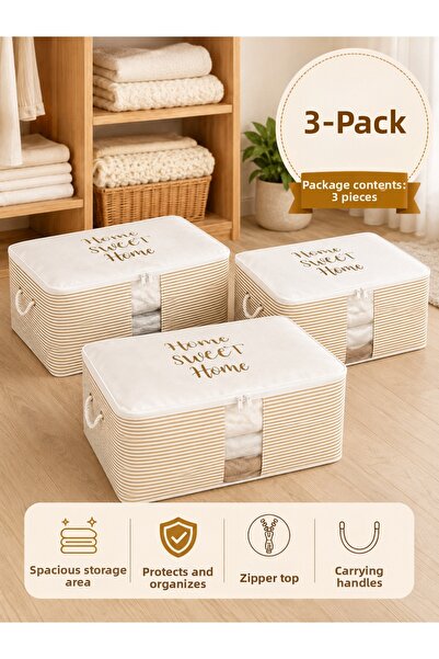 Timburly 3 Pieces of Home Sweet Home Written Beige Gold Line Organizer Box 21...
