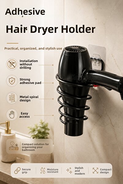 KaktüsKedi Adhesive Hair Dryer Hanger Black Stainless Metal Spiral Blow Dryer...