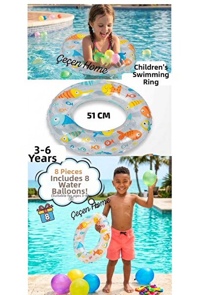 ÇEÇEN HOME (1 Piece) Printed Children's Lifebuoy 51 Cm, 8 Water Balloons Are ...