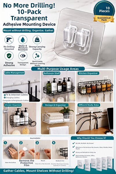 ÇARŞI HANEM Adhesive Double Prong Hooks,10Pcs Shower Caddy,Cable Organizer St...