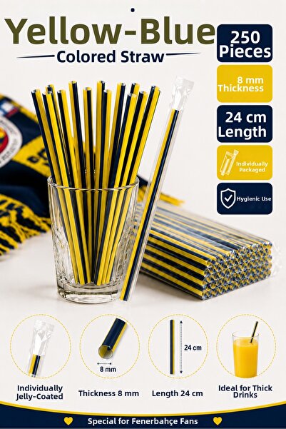 ardin Yellow Navy Blue Colored Straws 250 Pieces 8 mm 24 cm Individually Pack...