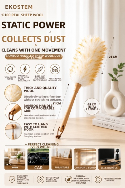 Ekostem Sheep Wool Dusting Tassel Bamboo Handle Static Dust Collector Furnitu...