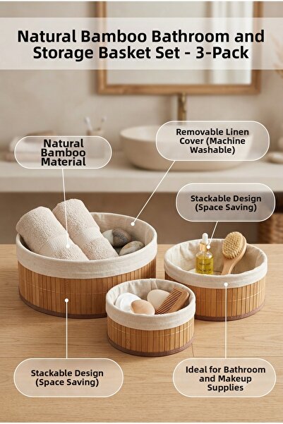 Homerest Natural Bamboo 3-Piece Bathroom and Makeup Organizer Basket Set - Mu...