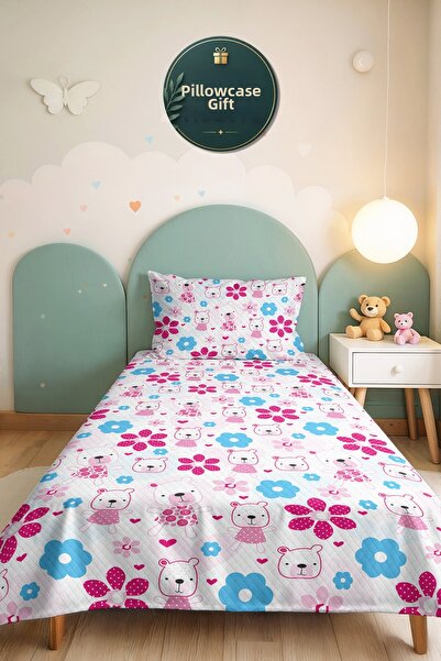 Evimde Bambaşka Pink Teddy Bear Floral Girl's Pique Set - Blue Pastel Heart B...