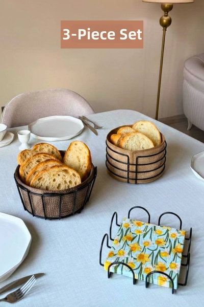Edora Home Set of 3 Black Square Napkin Holders Round Bread Basket Oval Corne...