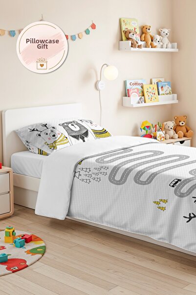 Evimde Bambaşka Teddy Bear and Road Pattern Children's Room Pique Set - Nordi...