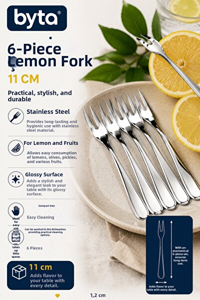 BYTA 6-Piece Lemon Fork Set 11 cm Stainless Steel Fruit, Olive, and Breakfast...