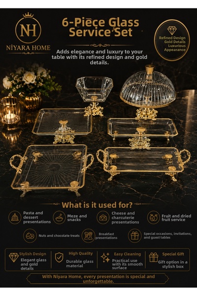 Niyara home 6-Piece Glass Serving Set Elegant Design Gold Details Luxury Look...
