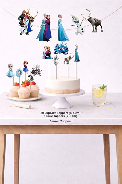 Sinek Kupası Tasarım Elsa Birthday Set 5 Figures Banner 5 Figures Cake Decora...