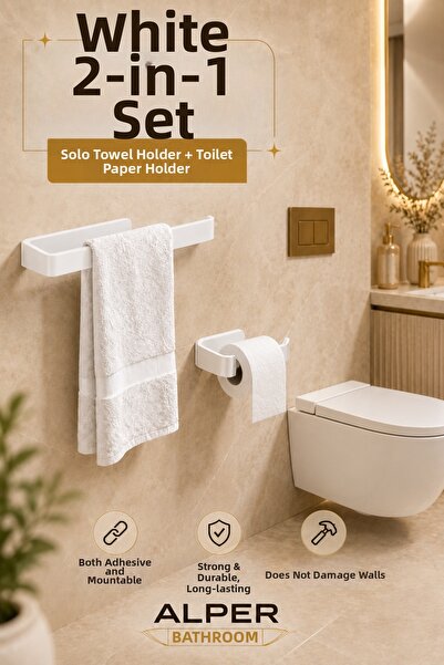 Alper Banyo White Lamalı 2-Piece Bathroom Set, Lamalı Solo Towel Paper Holder...