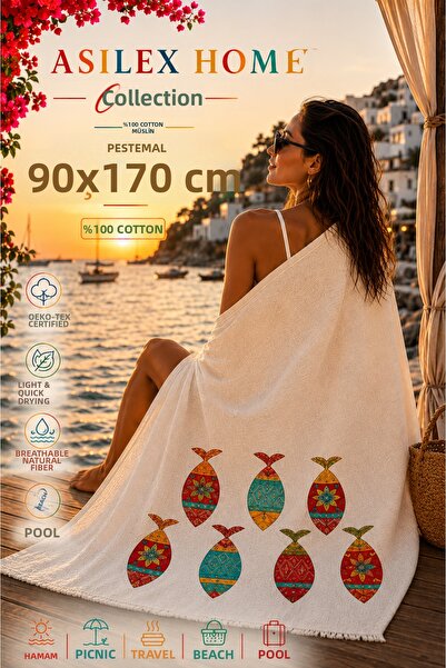 Asilex Home Collection Muslin Peshtemal 90X170 cm 100% Cotton Beach Towel Sun...