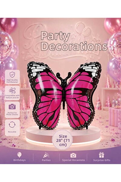 Parti Dükkanı Pink Black Butterfly Foil Balloon 28 Inch 71 cm Helium Compatib...