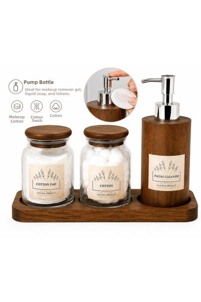 Durina Living Wooden Bathroom Organizer Set Glass Cotton Swab Holder Ear Swab Container Liquid Soap Dispenser