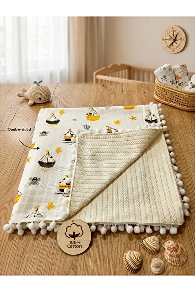 Valora Concept Double-Sided Pompom Muslin Pique Blanket 100% Cotton 80Cmx80Cm