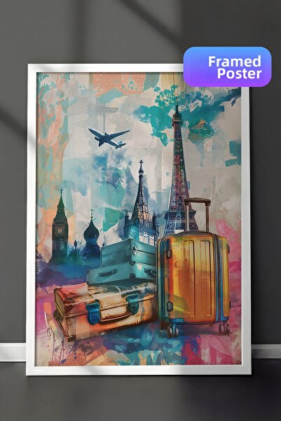 Zestia White Framed Pop Art Travel Wall Art, World Icons Collage, No: 20465