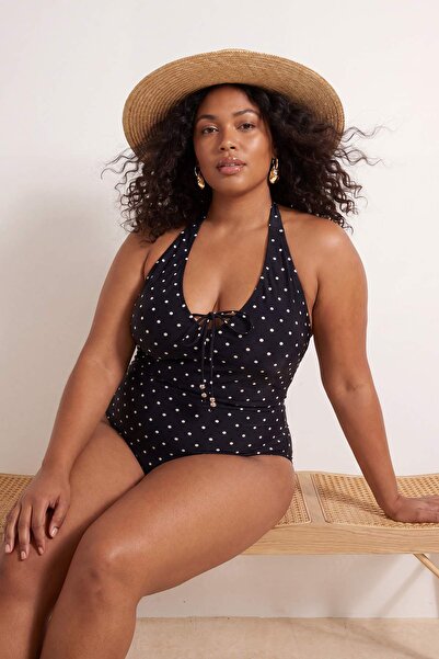 Trendyol Curve Μαύρο μαγιό με πουά σχέδιο και δέσιμο στο λαιμό, μεγάλο μέγεθο...