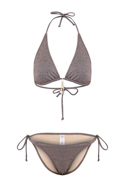 Trendyol Collection Brown Glittery Triangle Covered Normal Waist Regular Biki...