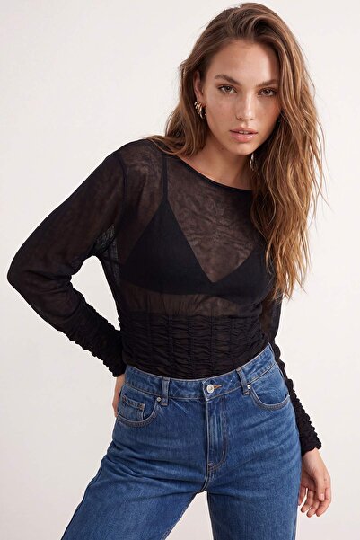 Trendyol Collection Black Boat Neck Transparent Knitwear Sweater Twoss26Kz00018
