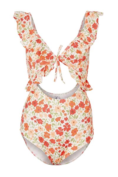 Trendyol Collection Floral Pattern V-Neck Covered Cut Out Detailed Ruffle Reg...