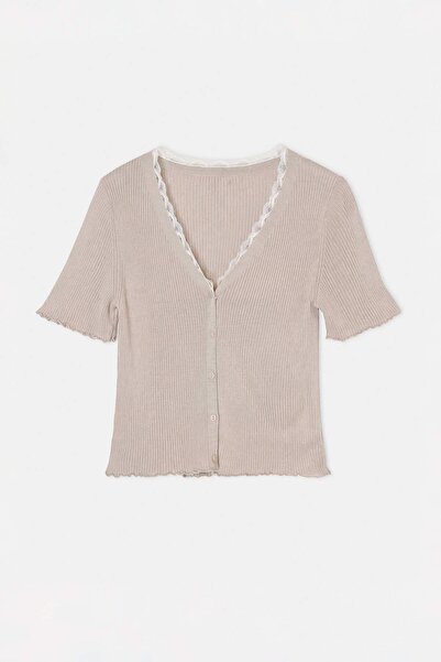 Trendyol Collection Stone V-Neck Lace Detailed Color Block Fitted Slim Knitwe...